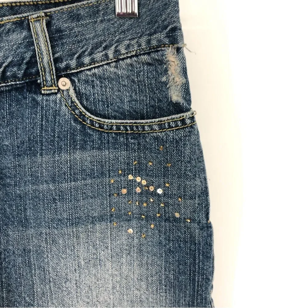 Vtg Guess Jeans Y2K Denim Mini Skirt Womens 28 Gold Sequins Cutoff Destructed‎